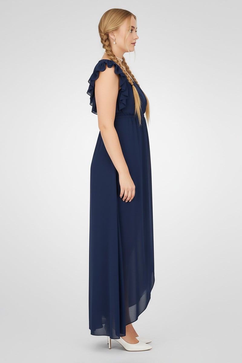 TWINSET Women Solid Ruffle Sleeve Maxi Dress, Navy - Image 3